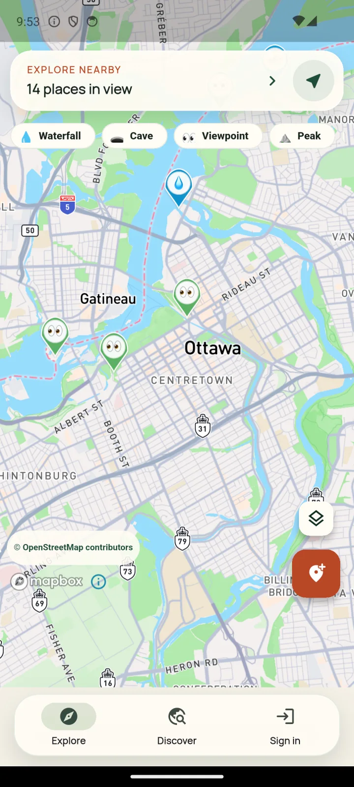 Locsy Explore map showing category markers and nearby places