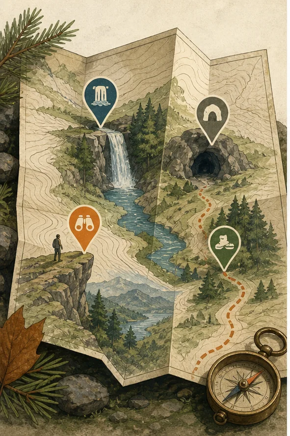 An illustrated folding map with waterfall, cave, lookout, and trail markers
