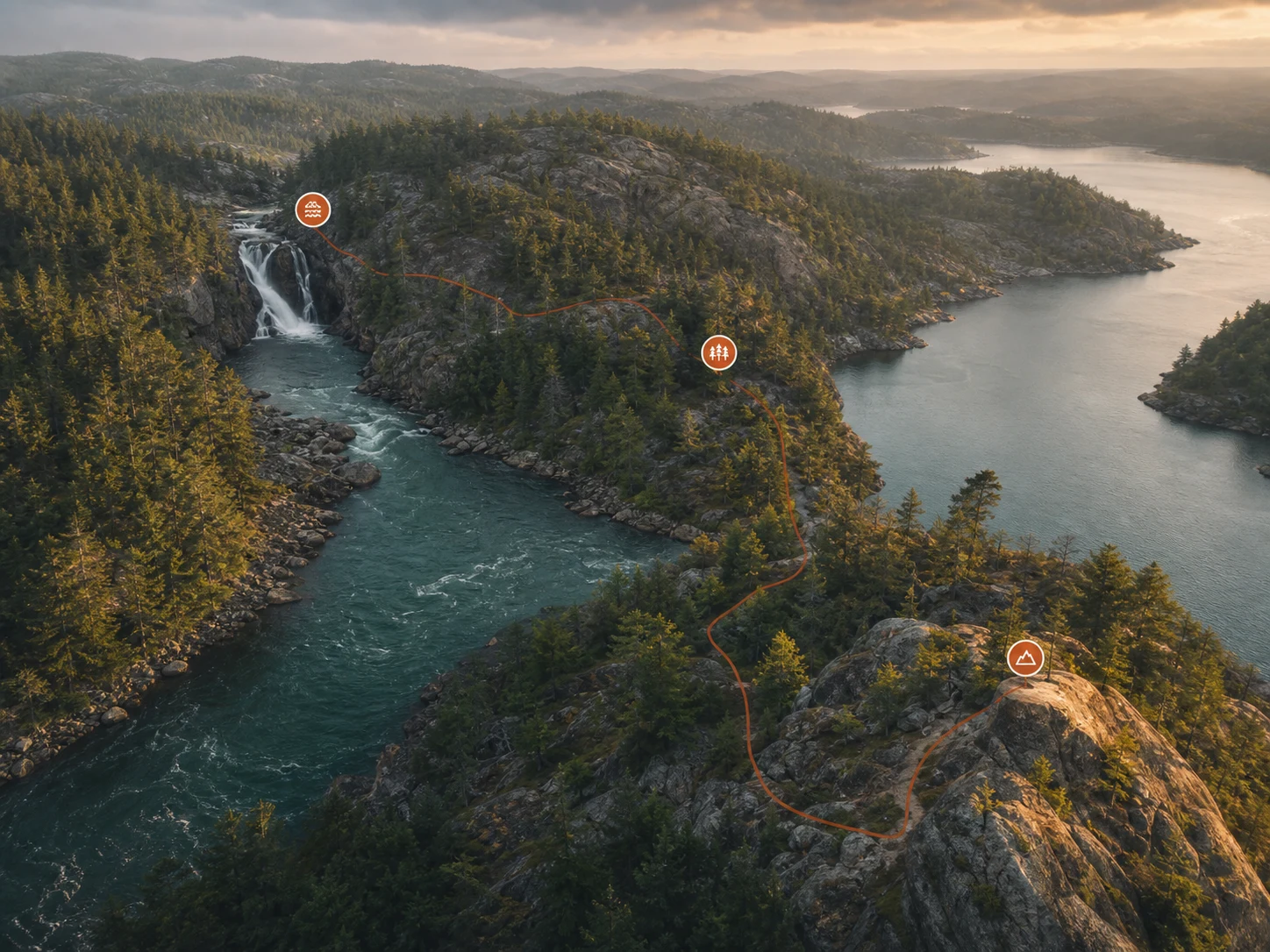 Aerial wilderness landscape with a hidden waterfall, granite lookout, and Locsy discovery trail