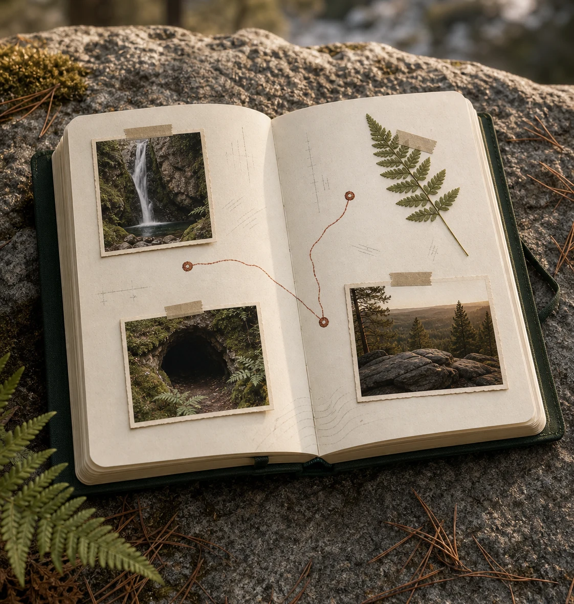 An open trail journal with saved waterfall, cave, and lookout photographs connected by a route